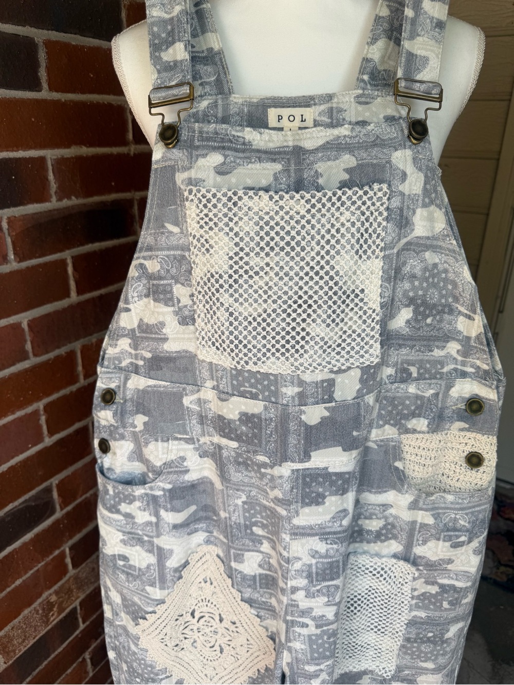 POL Patchwork Crochet Leopard Wide Leg Overalls Boho Jumpsuit L - Picture 2 of 15